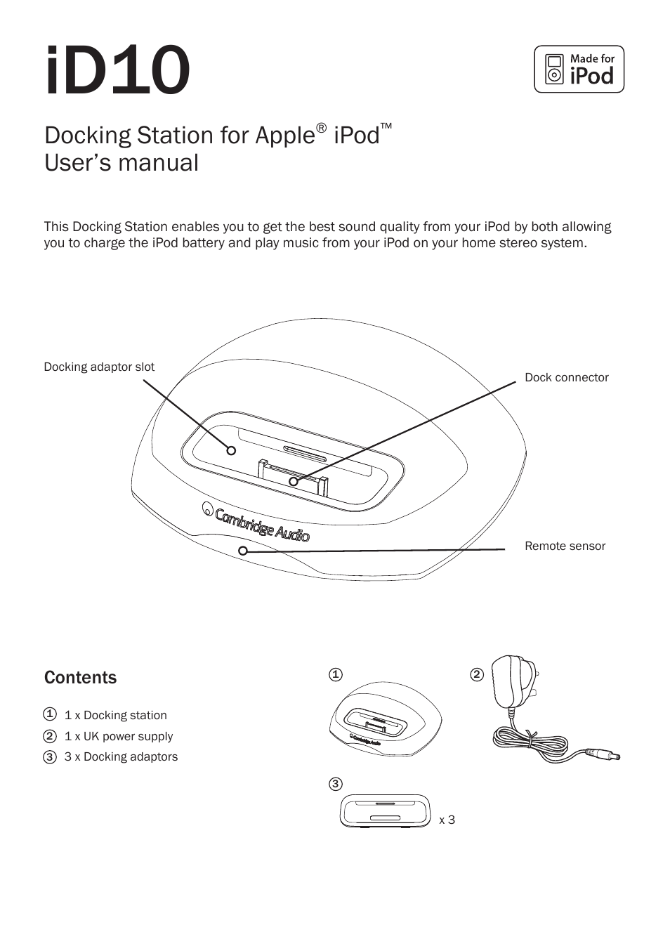 Id10, Docking station for apple, Ipod | User’s manual | Cambridge Audio ID10 User Manual | Page 4 / 8