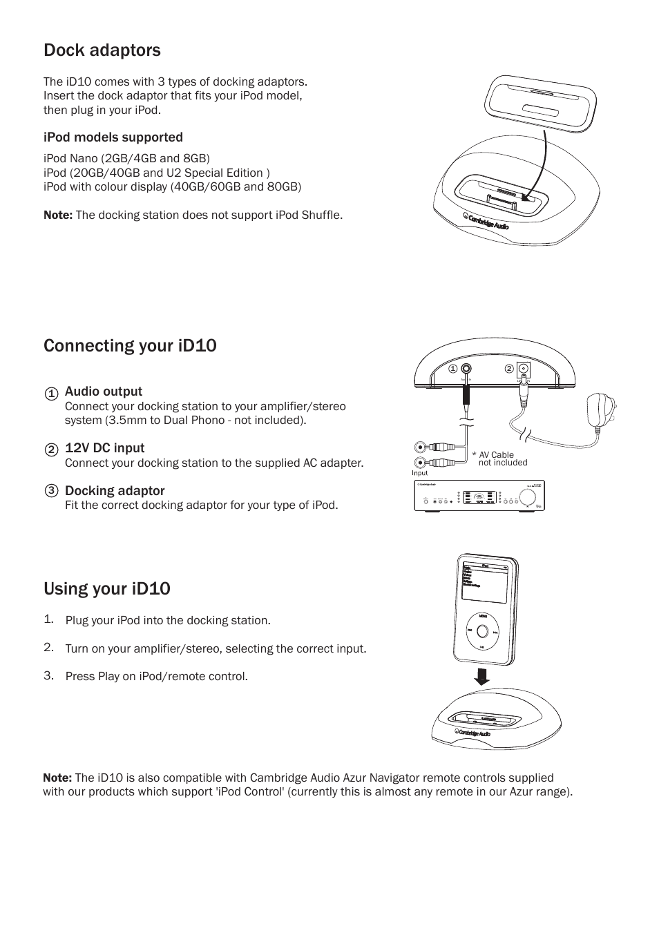 Dock adaptors, Connecting your id10, Using your id10 | Cambridge Audio ID10 User Manual | Page 5 / 8