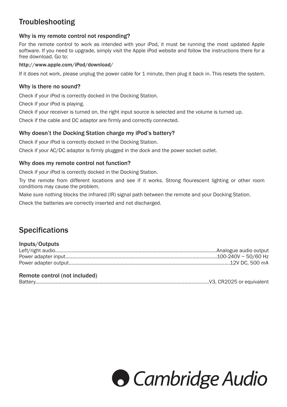 Specifications, Troubleshooting | Cambridge Audio ID10 User Manual | Page 7 / 8