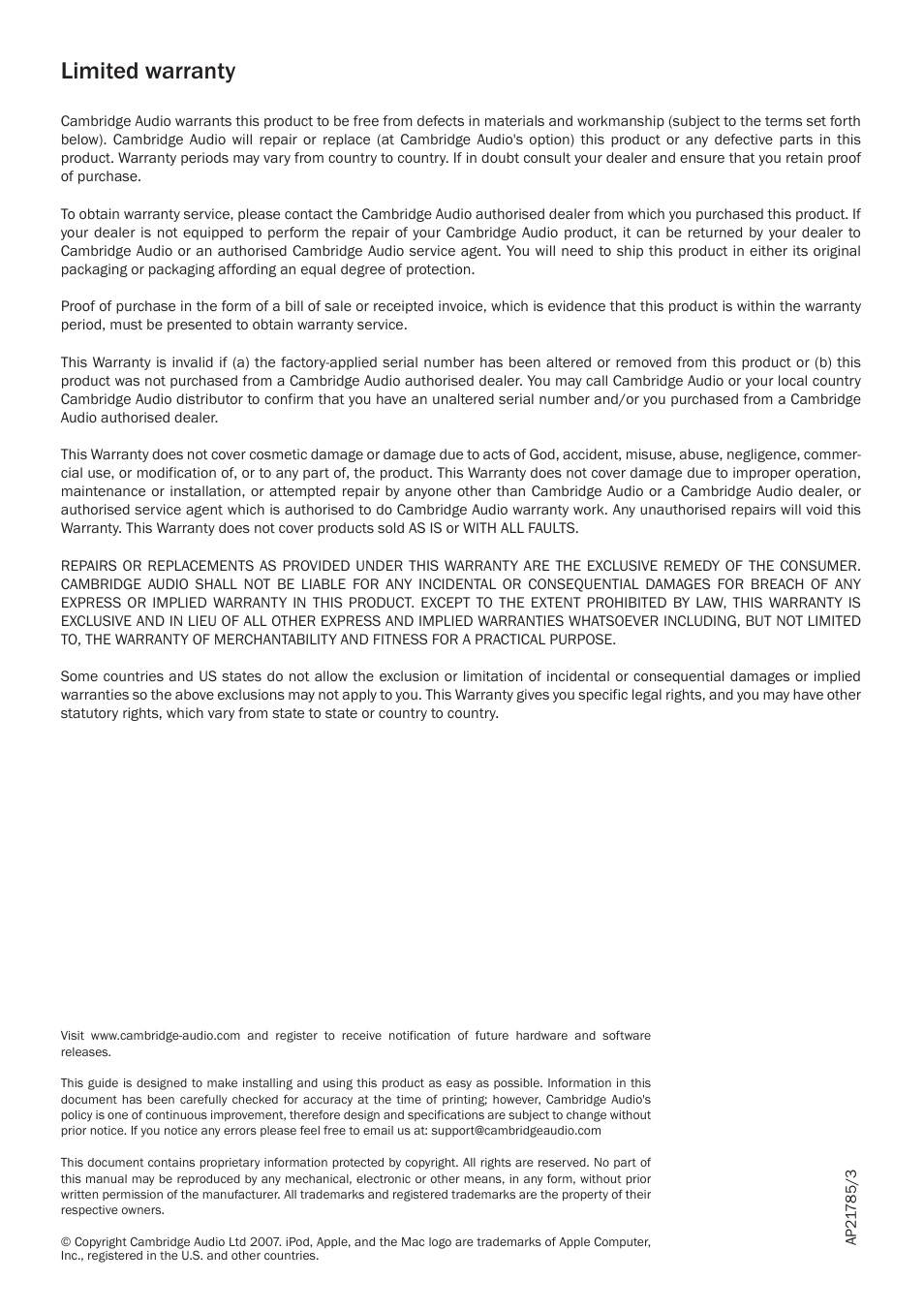 Limited warranty | Cambridge Audio ID10 User Manual | Page 8 / 8