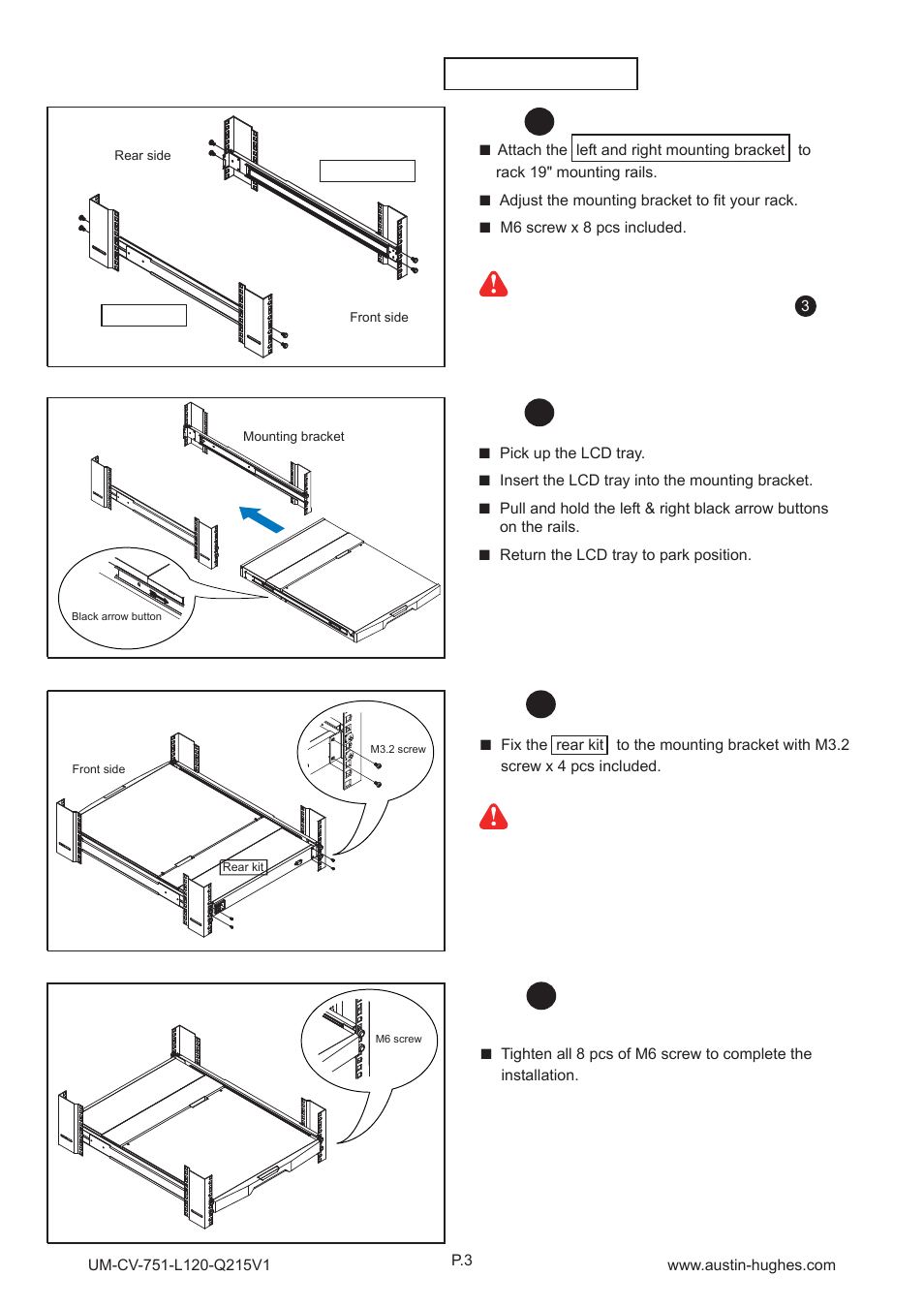 3 > installation - how to install 1u 20" lcd tray | Austin Hughes L120 User Manual | Page 8 / 16
