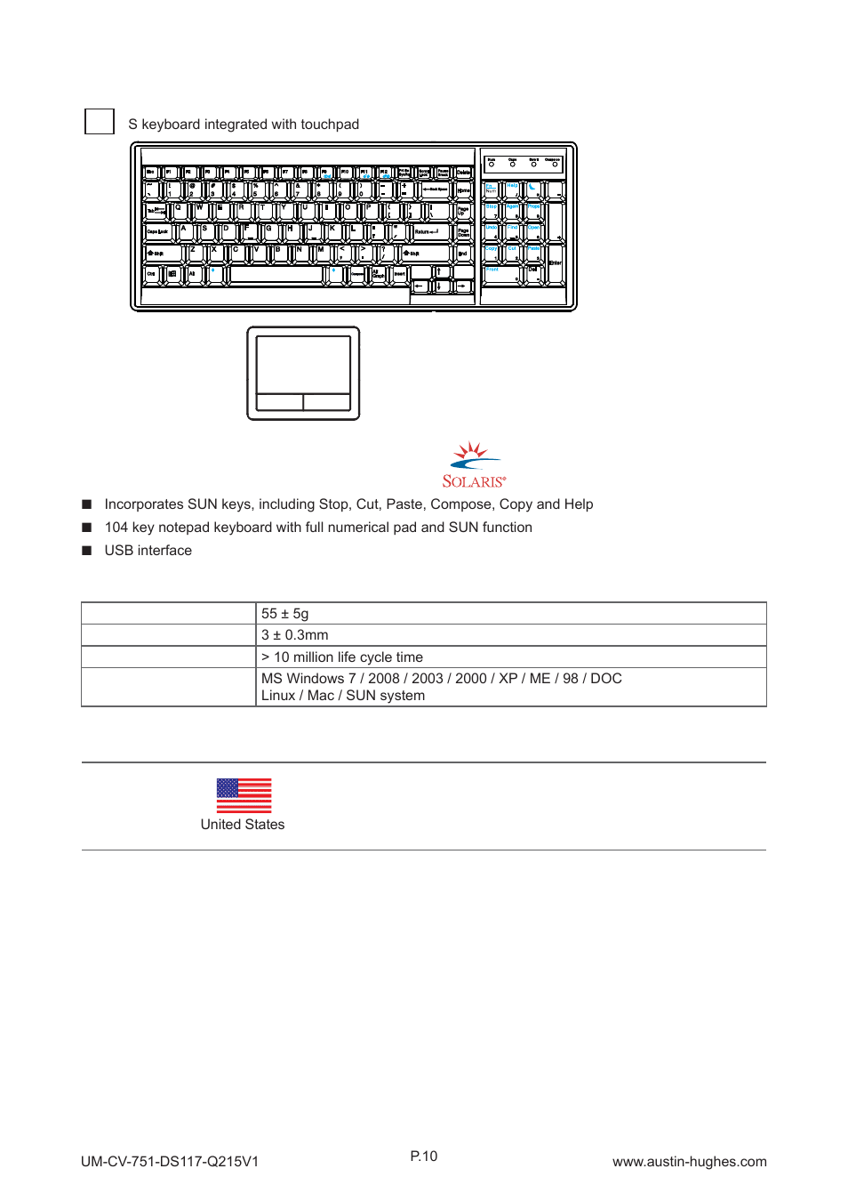 2 > keyboard / mouse specifi cations, S keyboard integrated with touchpad, Supporting layouts | Austin Hughes DS119 User Manual | Page 16 / 20
