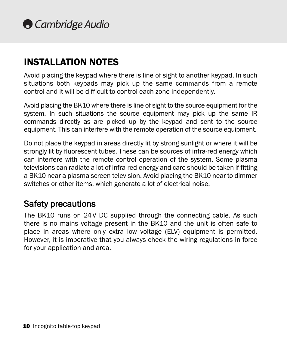 Safety precautions | Cambridge Audio A-BUS Table-Top Keypad Incognito BK10 User Manual | Page 10 / 20