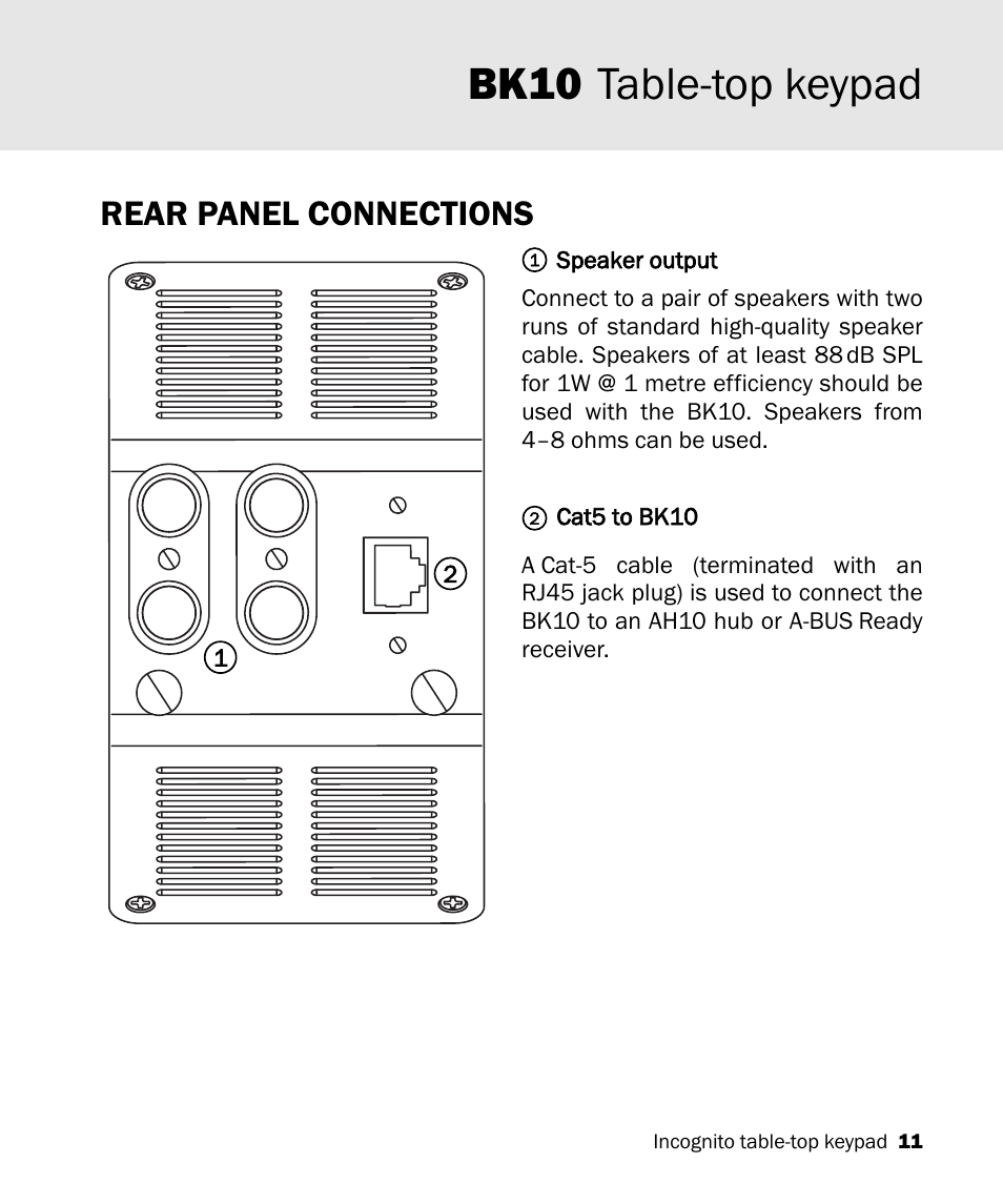 Bk10 table-top keypad, Rear panel connections | Cambridge Audio A-BUS Table-Top Keypad Incognito BK10 User Manual | Page 11 / 20