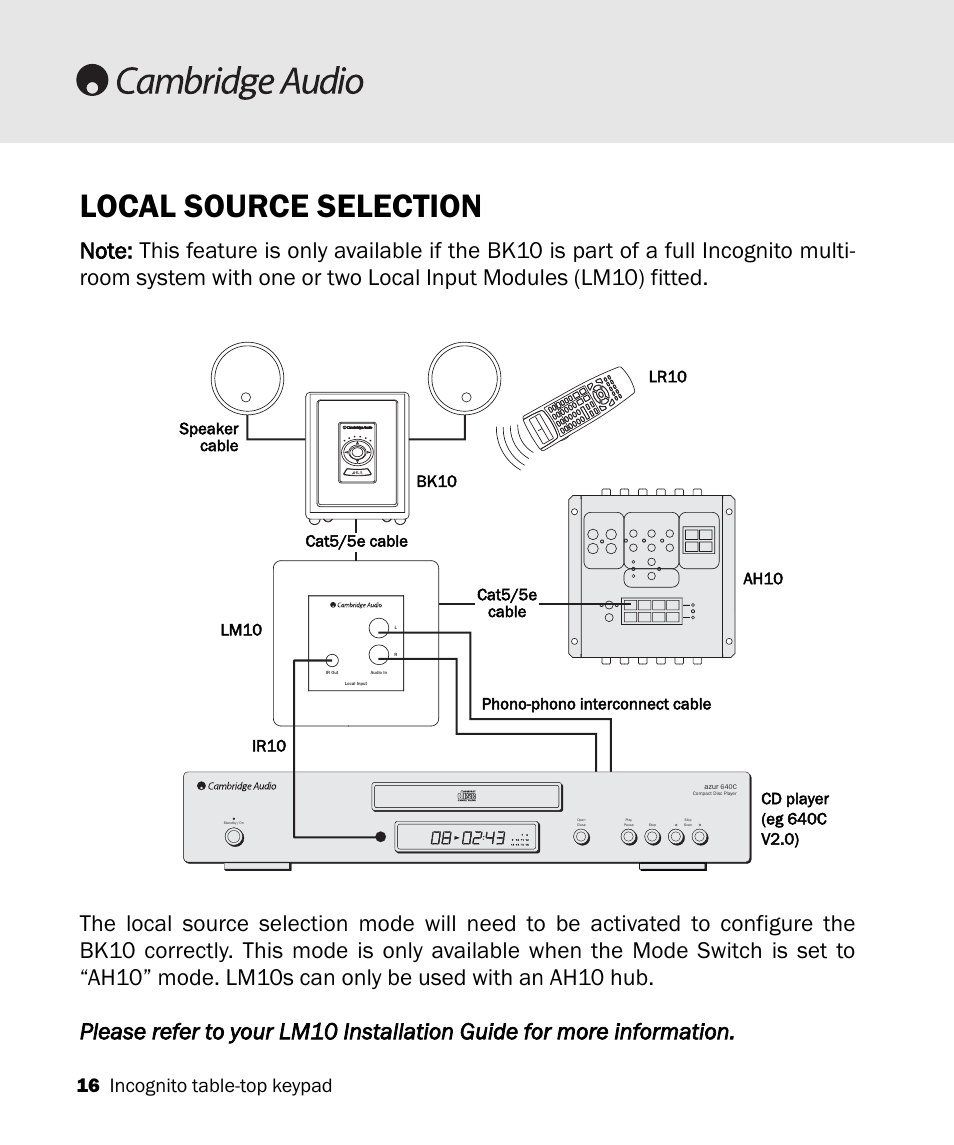 Local source selection, 16 incognito table-top keypad | Cambridge Audio A-BUS Table-Top Keypad Incognito BK10 User Manual | Page 16 / 20