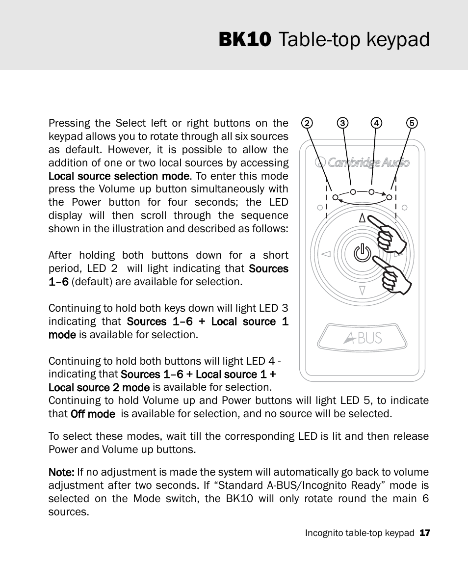 Bk10 table-top keypad | Cambridge Audio A-BUS Table-Top Keypad Incognito BK10 User Manual | Page 17 / 20