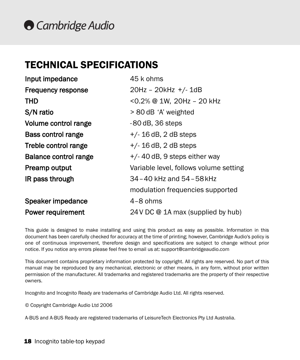 Technical specifications | Cambridge Audio A-BUS Table-Top Keypad Incognito BK10 User Manual | Page 18 / 20