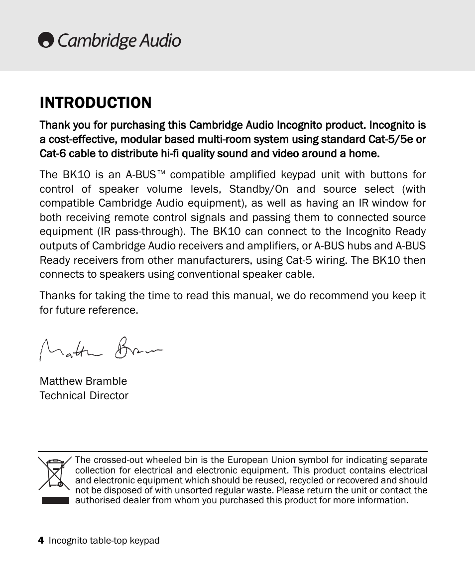Introduction | Cambridge Audio A-BUS Table-Top Keypad Incognito BK10 User Manual | Page 4 / 20