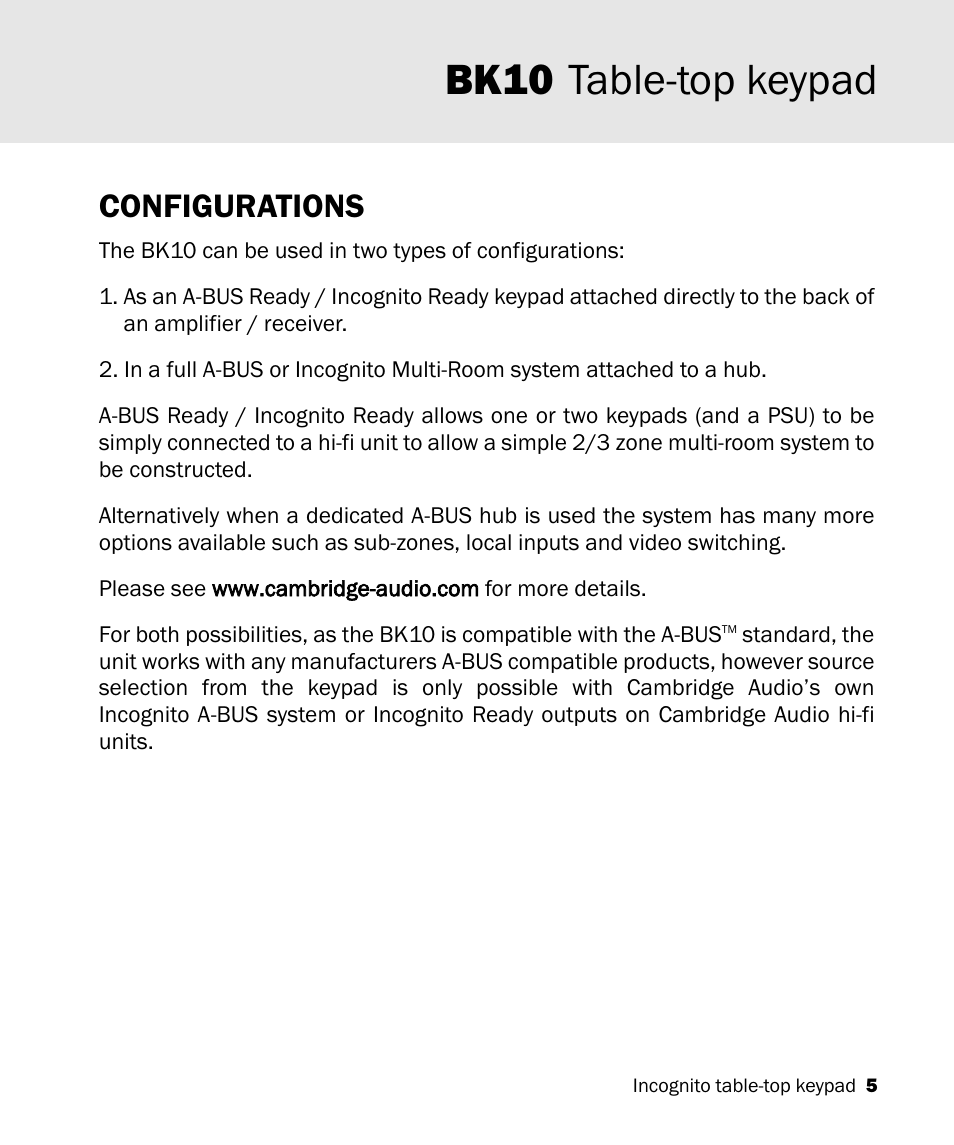 Bk10 table-top keypad, Configurations | Cambridge Audio A-BUS Table-Top Keypad Incognito BK10 User Manual | Page 5 / 20