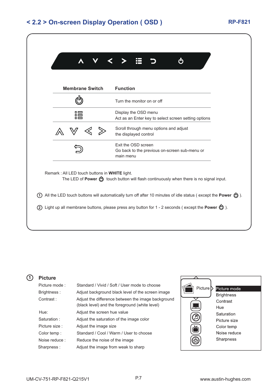 2 > on-screen display operation ( osd ), Rp-f821 | Austin Hughes RP-F821 User Manual | Page 11 / 20