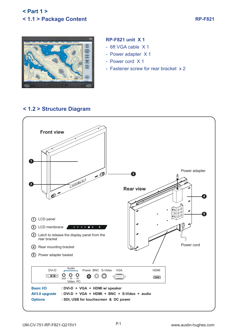 1 > package content, Part 1, 2 > structure diagram | Rp-f821, Front view, Rear view | Austin Hughes RP-F821 User Manual | Page 5 / 20