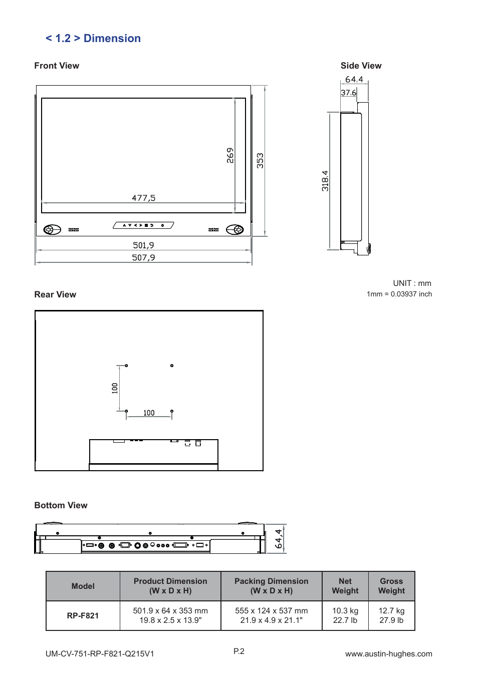 2 > dimension | Austin Hughes RP-F821 User Manual | Page 6 / 20