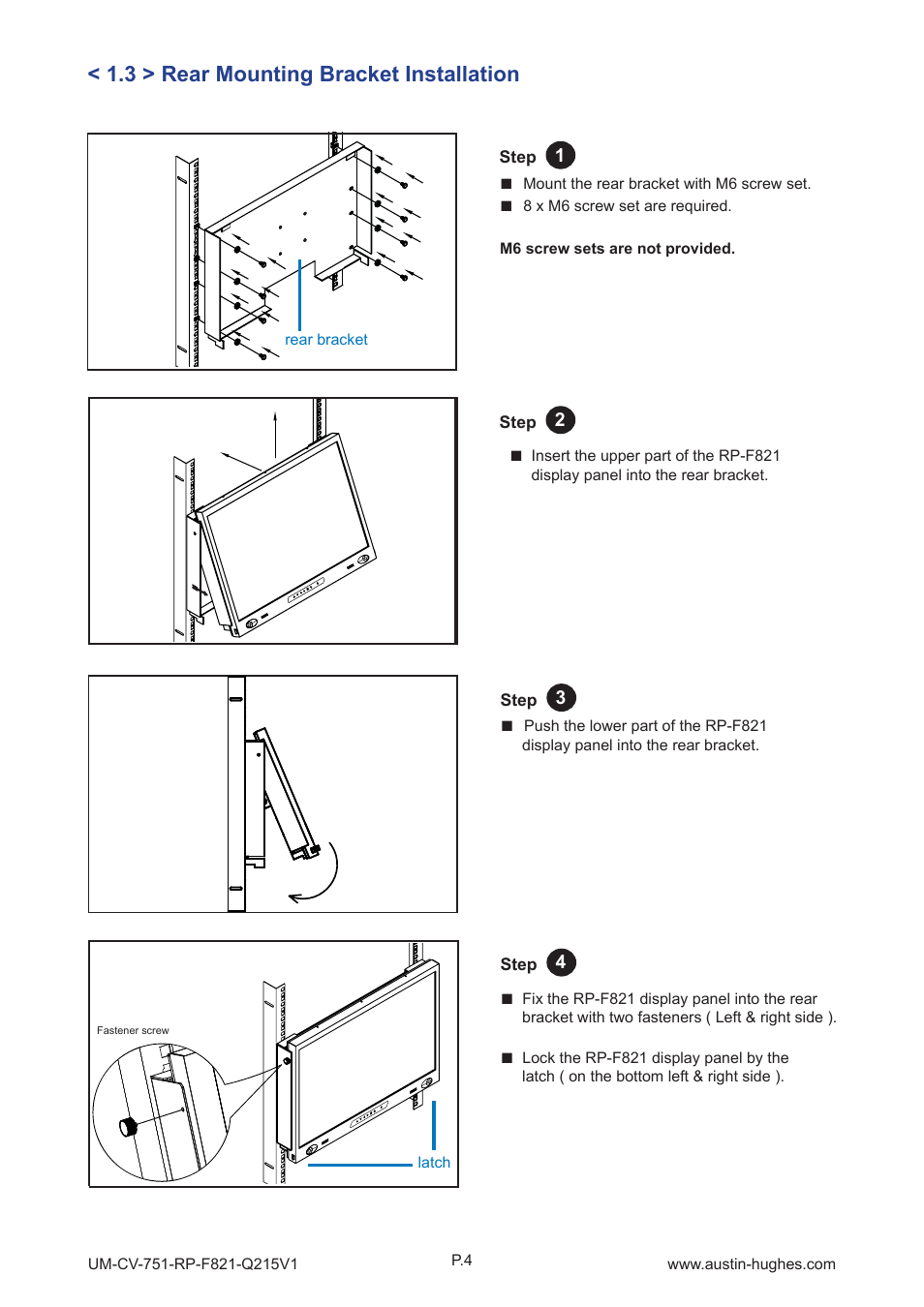 3 > rear mounting bracket installation | Austin Hughes RP-F821 User Manual | Page 8 / 20