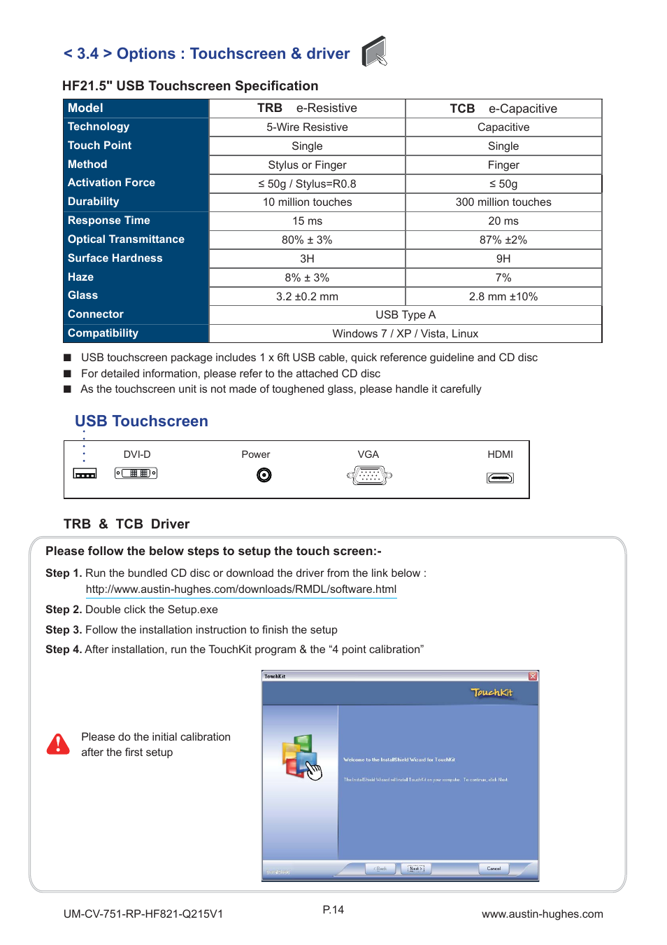 4 > options : touchscreen & driver, Usb touchscreen | Austin Hughes RP-HF821 User Manual | Page 18 / 20