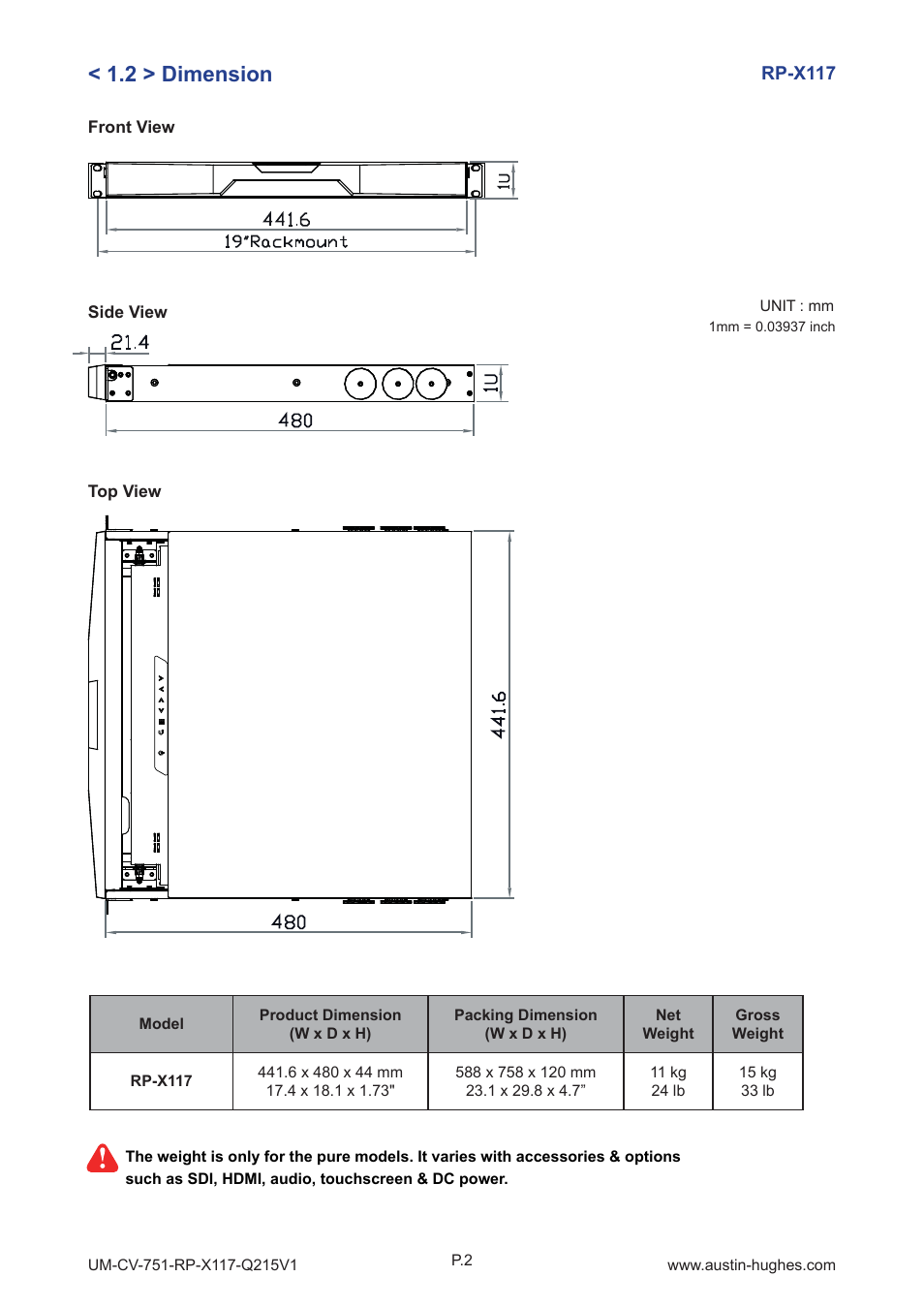 2 > dimension | Austin Hughes RP-X117 User Manual | Page 7 / 20
