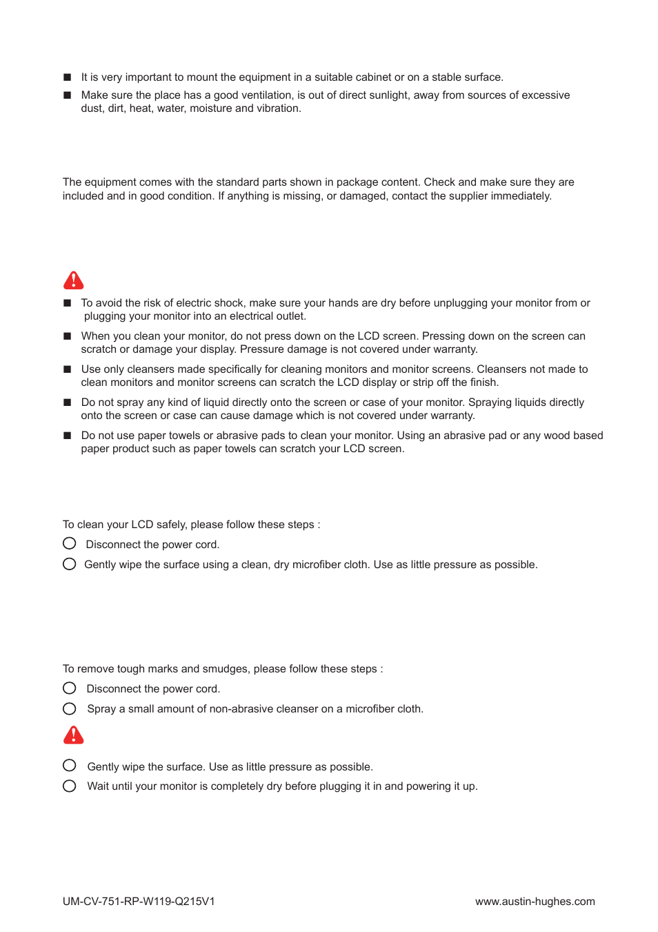 Cleaning your monitor, Cleaning tough marks and smudges | Austin Hughes RP-W119 User Manual | Page 4 / 16