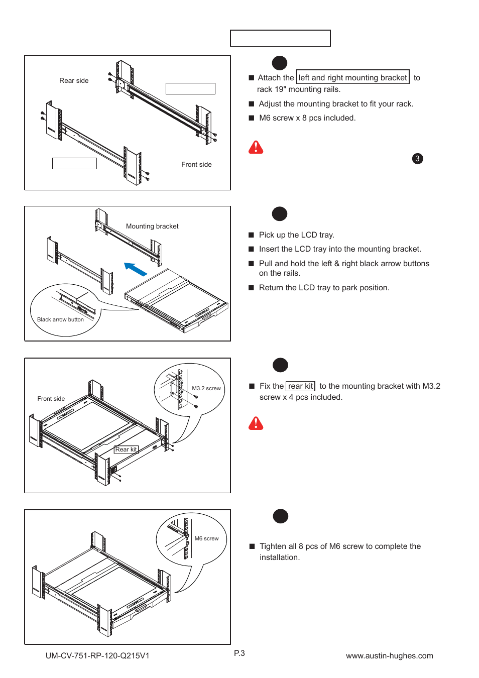 3 > installation - how to install 1u 20" lcd tray | Austin Hughes RP-120 User Manual | Page 8 / 16