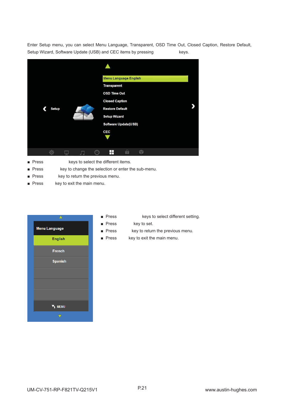 5 > setup menu | Austin Hughes RP-F821TV User Manual | Page 26 / 36