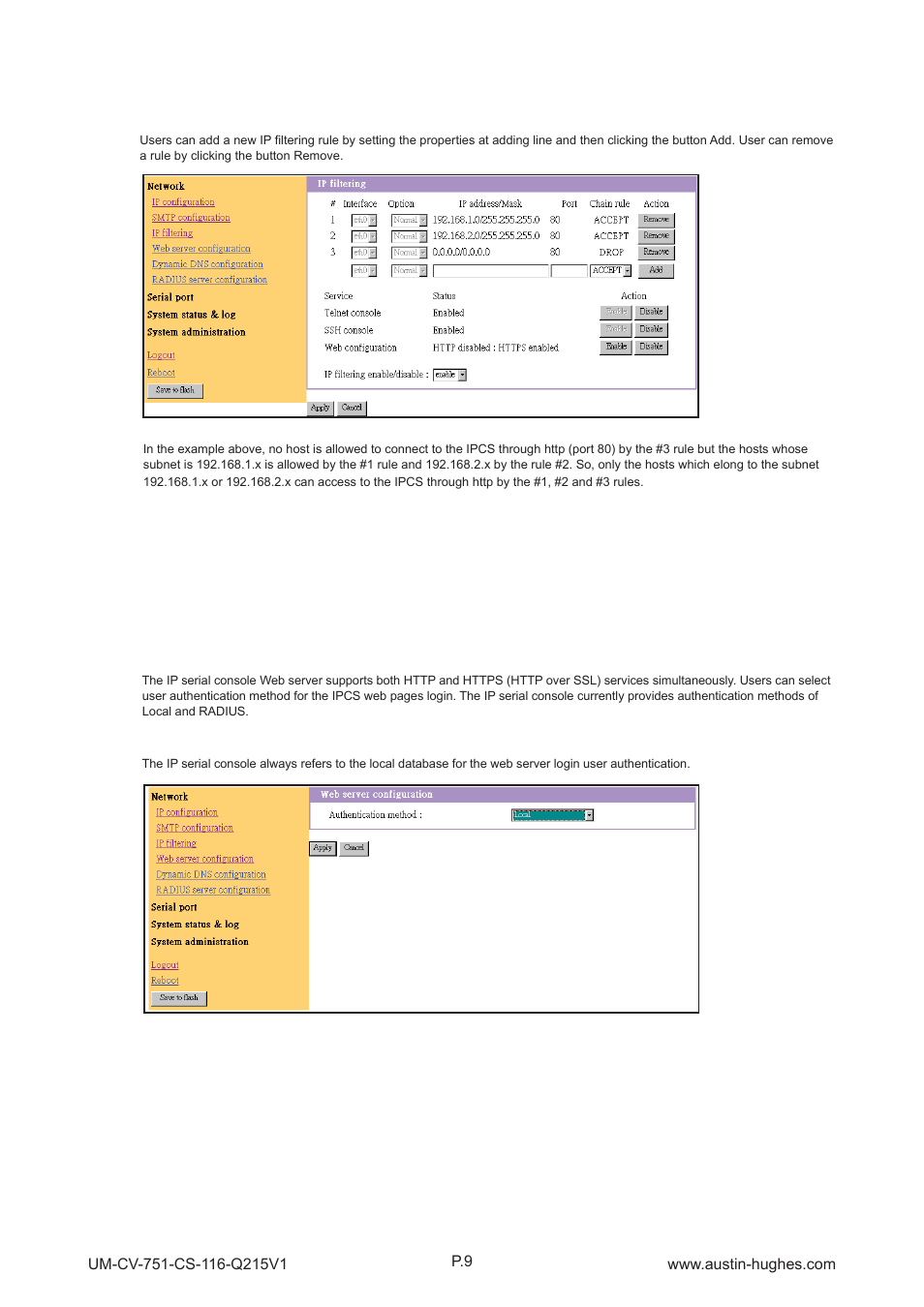 3 > ip filtering < 2.4 > web server confi guration, Cs-116 | Austin Hughes CS - 116 User Manual | Page 13 / 36