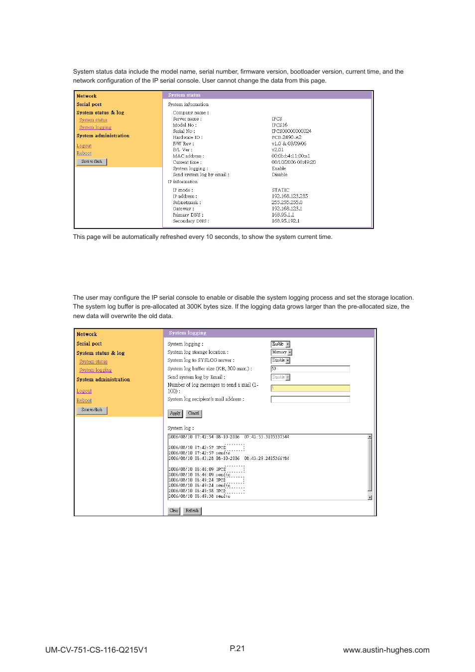 8 > system status & log, Cs-116 | Austin Hughes CS - 116 User Manual | Page 25 / 36