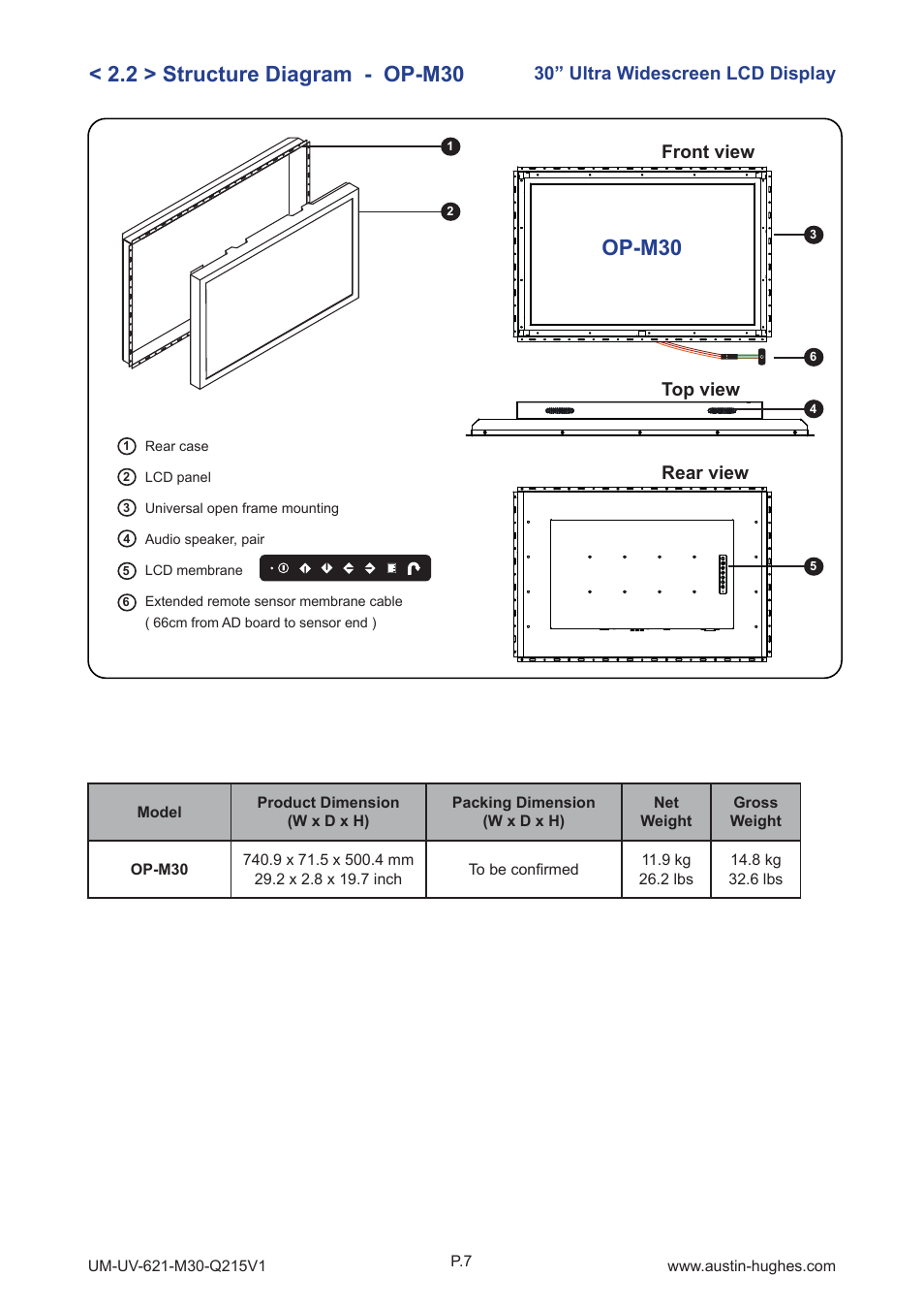2 > structure diagram - op-m30, Op-m30, Front view rear view | Top view, 30” ultra widescreen lcd display | Austin Hughes OP-M30 User Manual | Page 11 / 24