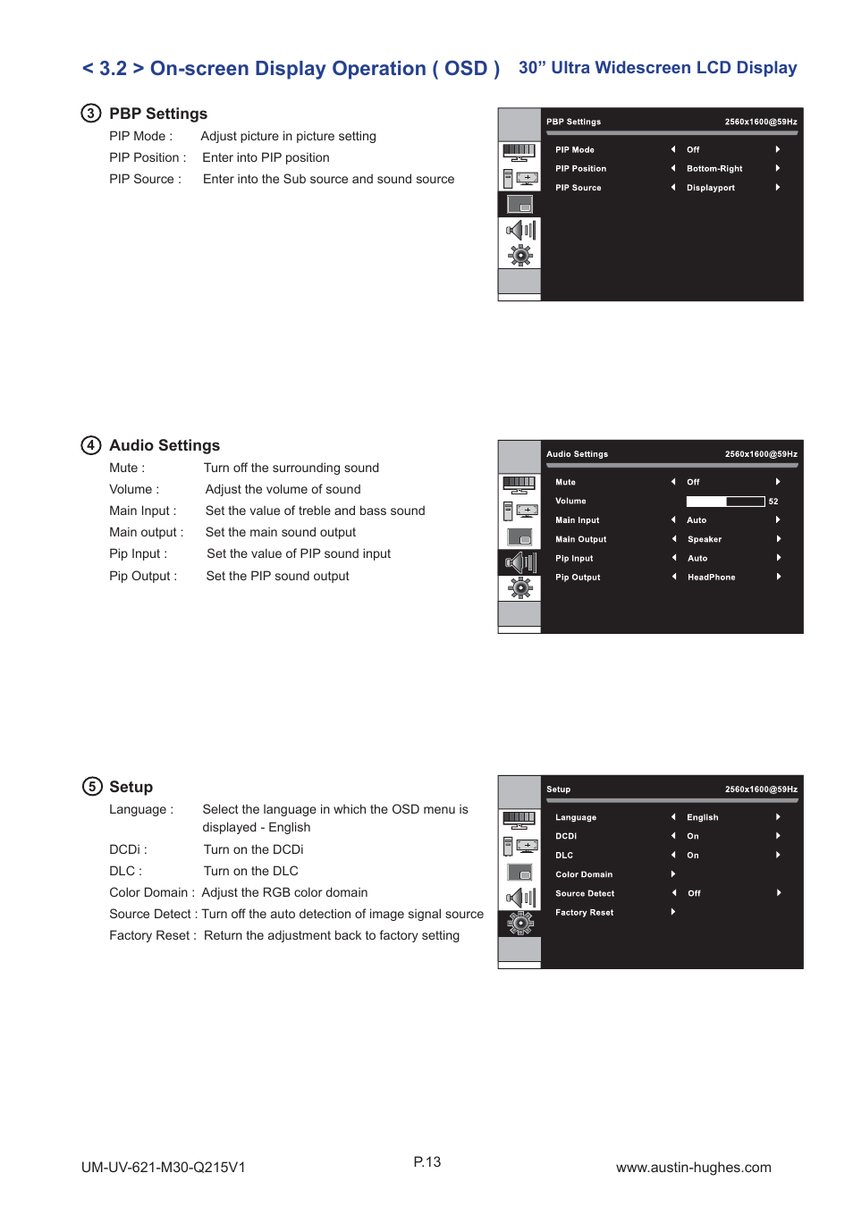 2 > on-screen display operation ( osd ), 30” ultra widescreen lcd display | Austin Hughes OP-M30 User Manual | Page 17 / 24