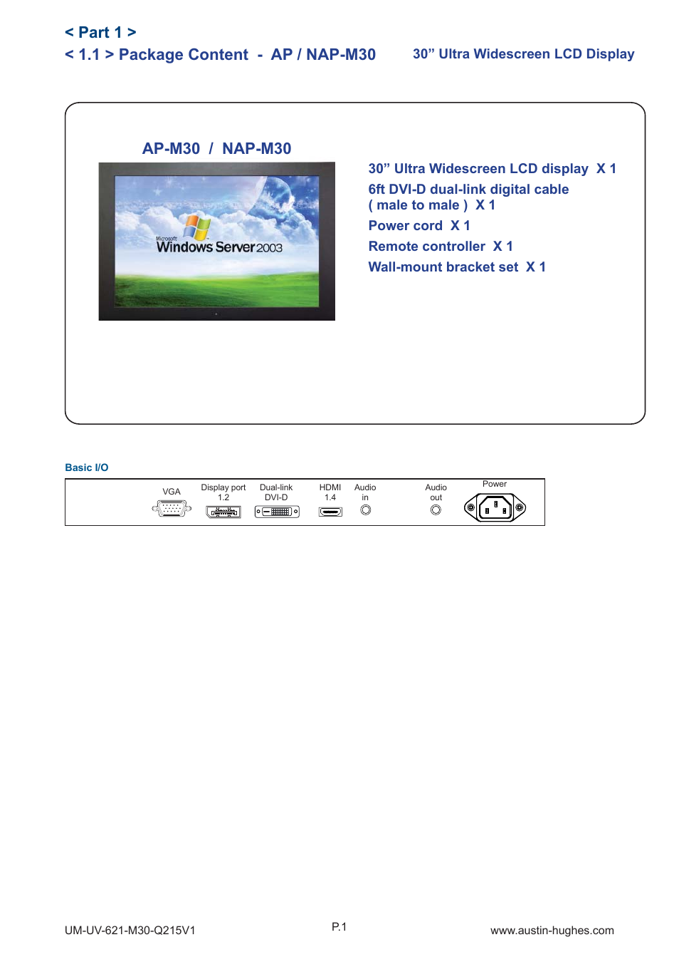 1 > package content - ap / nap-m30, Part 1, Ap-m30 / nap-m30 | 30” ultra widescreen lcd display | Austin Hughes OP-M30 User Manual | Page 5 / 24