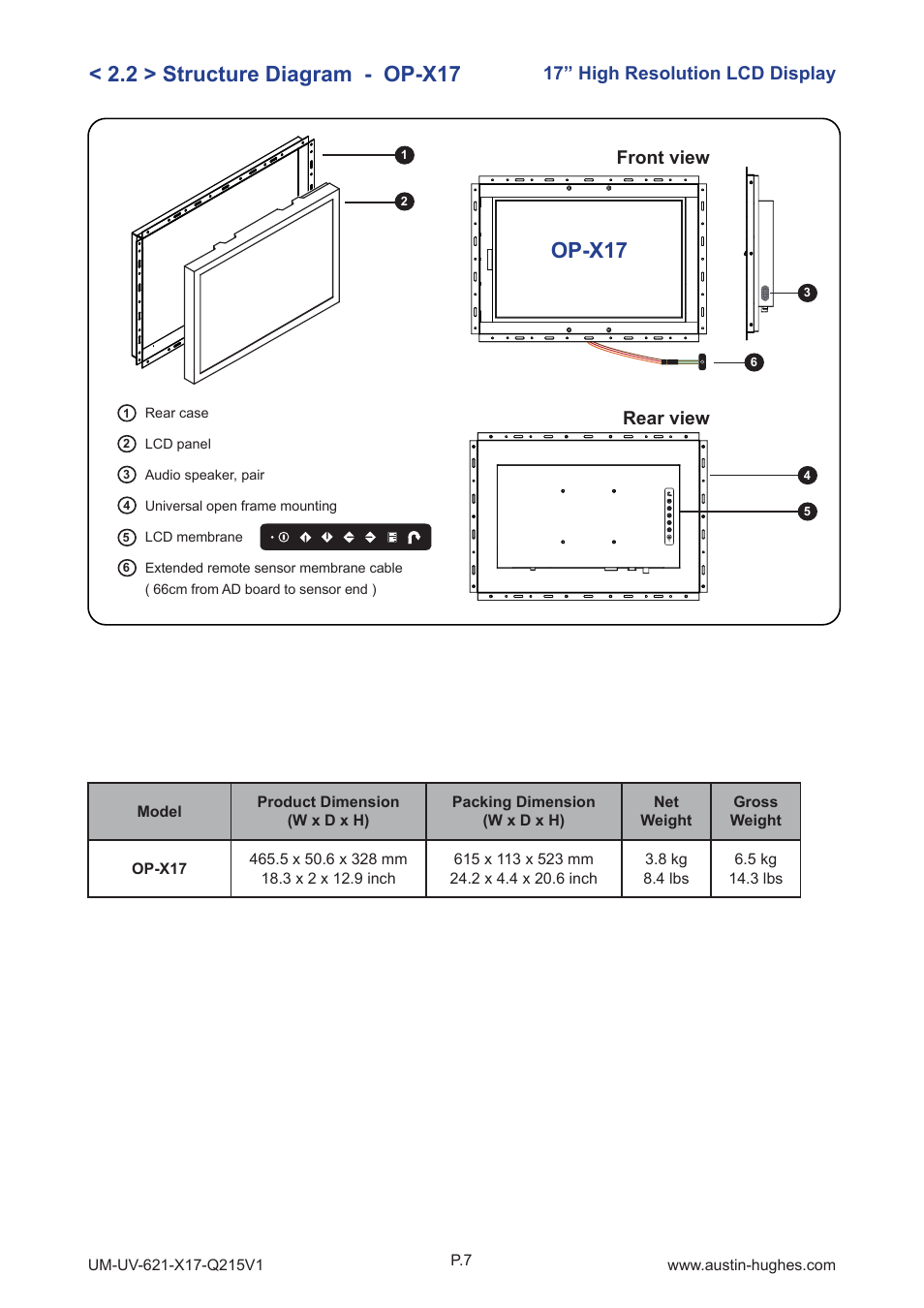 2 > structure diagram - op-x17, Op-x17, 17” high resolution lcd display | Front view, Rear view | Austin Hughes OP-X17 User Manual | Page 11 / 28