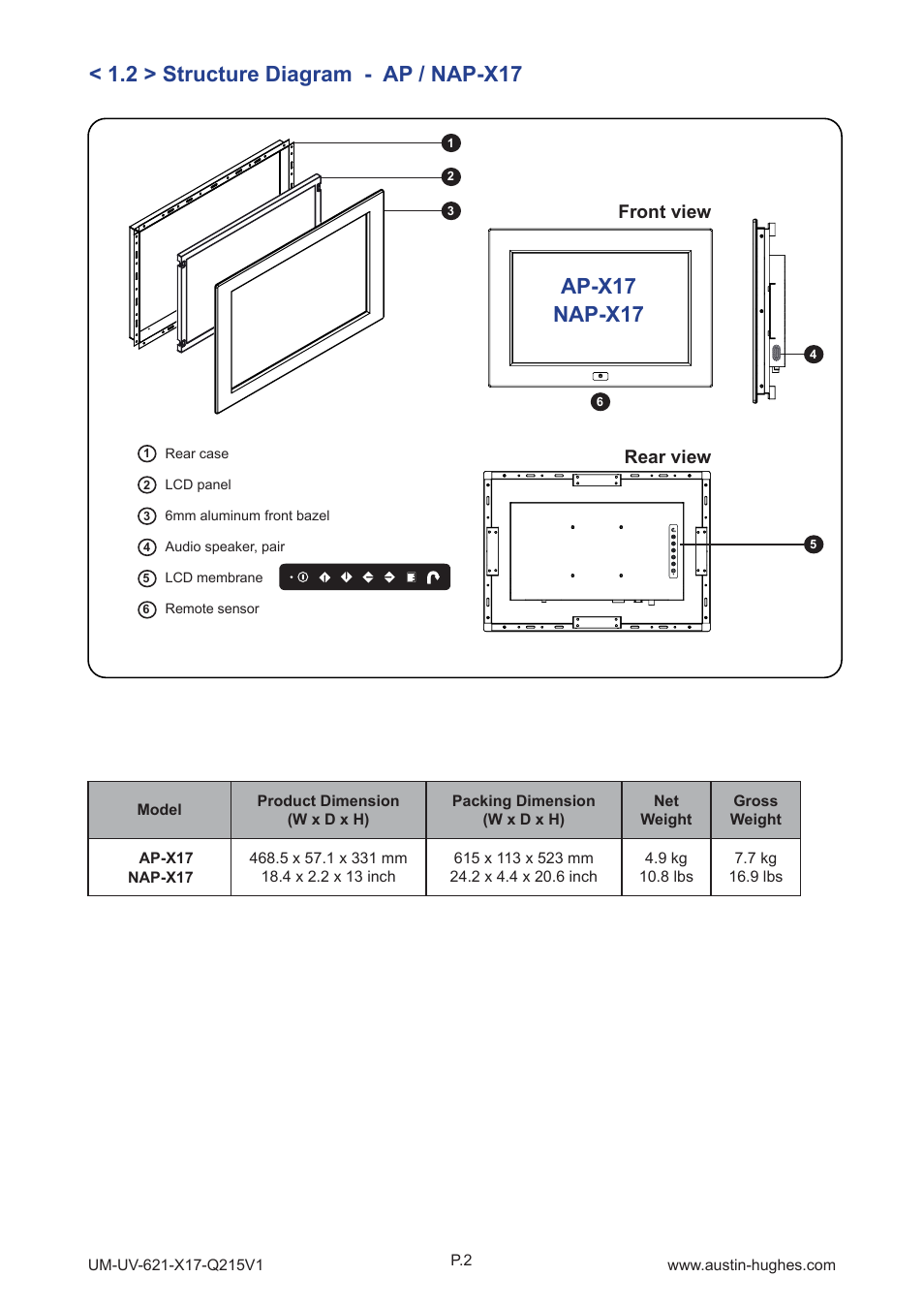 Front view rear view | Austin Hughes OP-X17 User Manual | Page 6 / 28