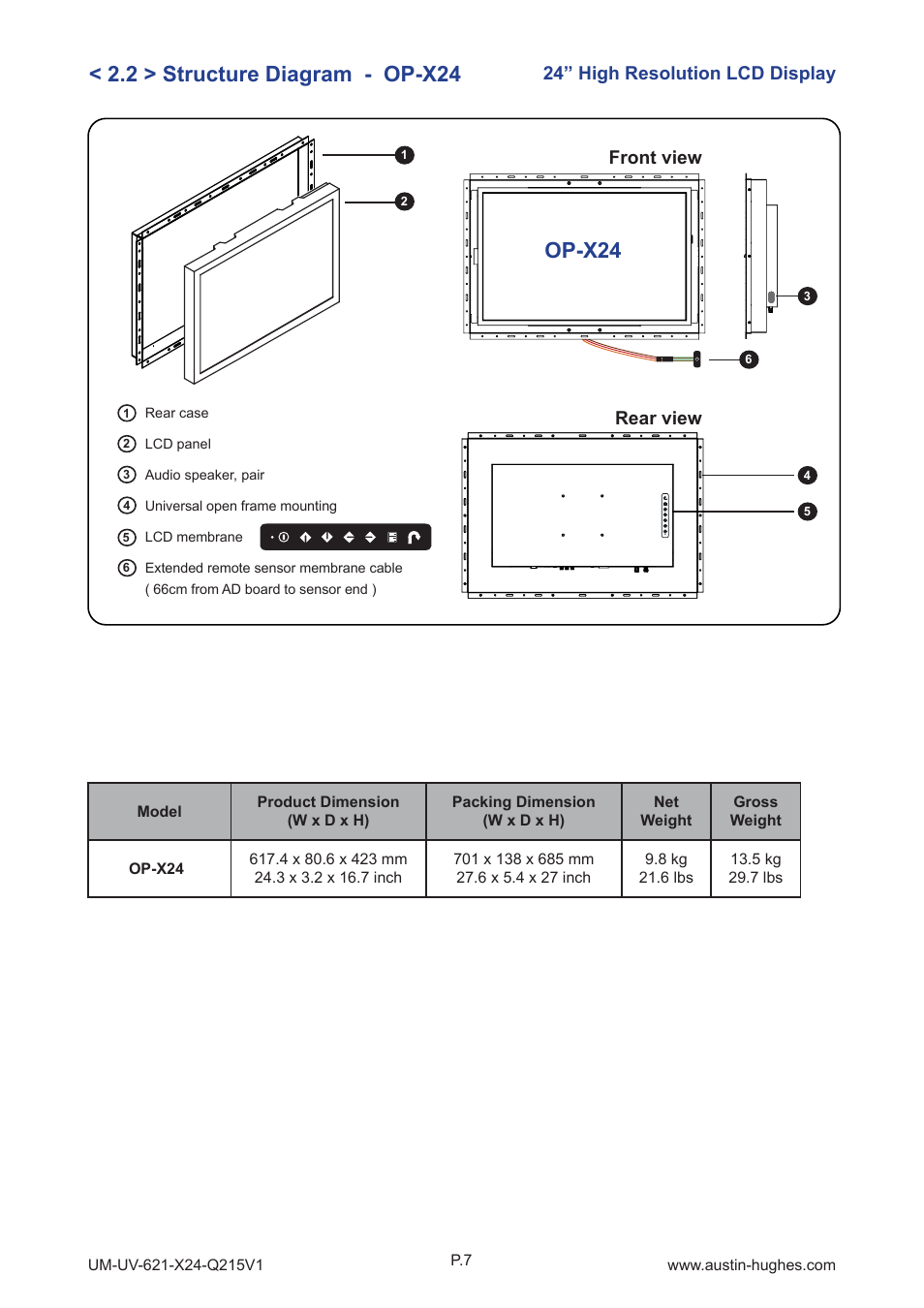 2 > structure diagram - op-x24, Op-x24, 24” high resolution lcd display | Front view, Rear view | Austin Hughes OP-X24 User Manual | Page 11 / 28