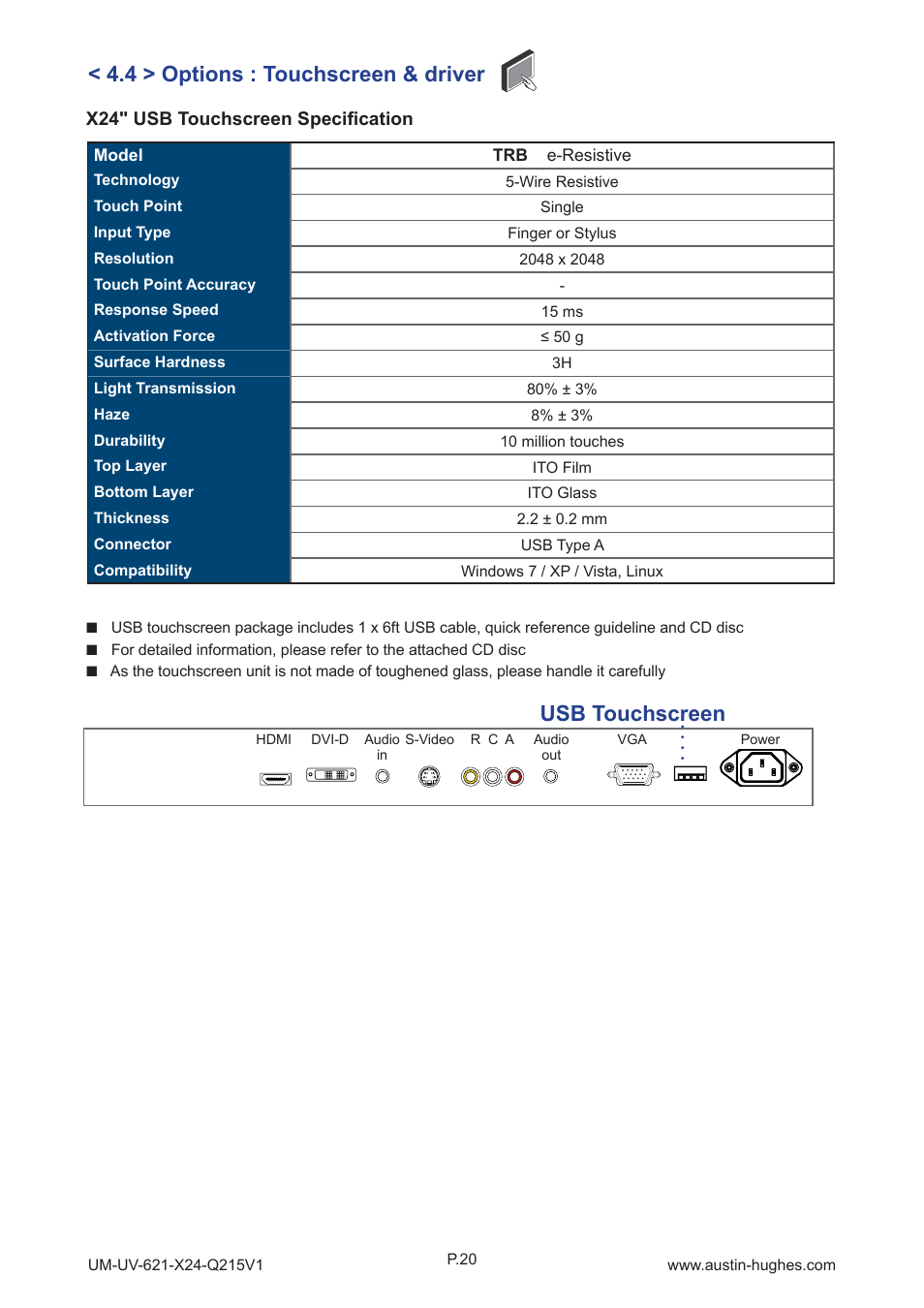 4 > options : touchscreen & driver, Usb touchscreen | Austin Hughes OP-X24 User Manual | Page 24 / 28