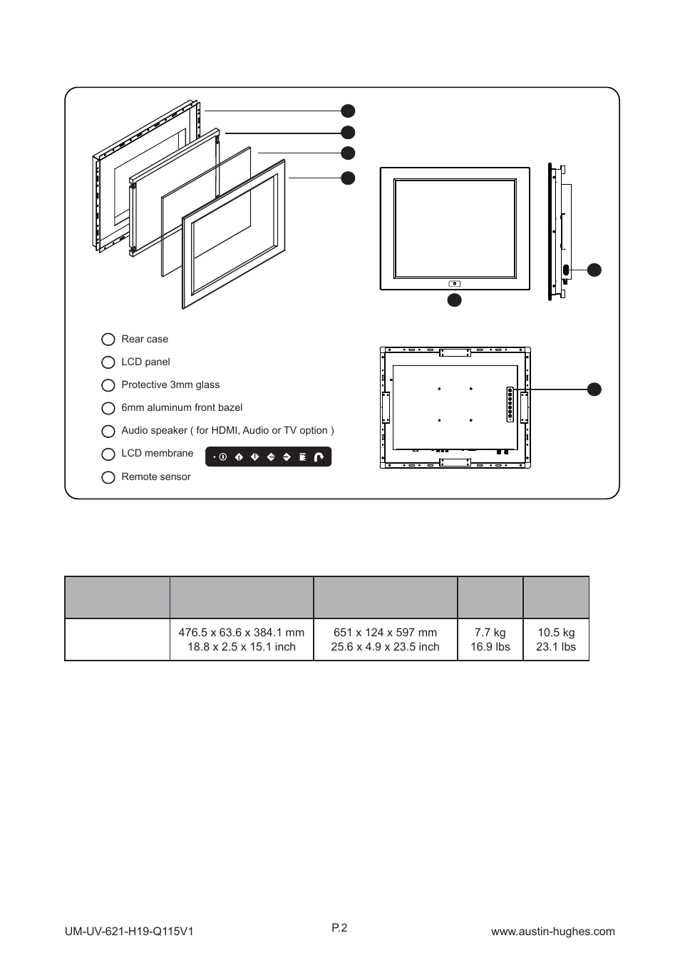 19" high brightness lcd display, Front view, Rear view | Austin Hughes HOP-19 User Manual | Page 7 / 32