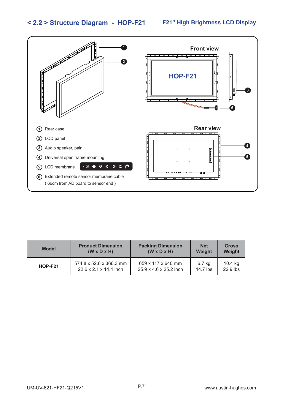 Hop-f21, 2 > structure diagram - hop-f21, F21” high brightness lcd display front view | Rear view | Austin Hughes HOP-F21 User Manual | Page 11 / 32