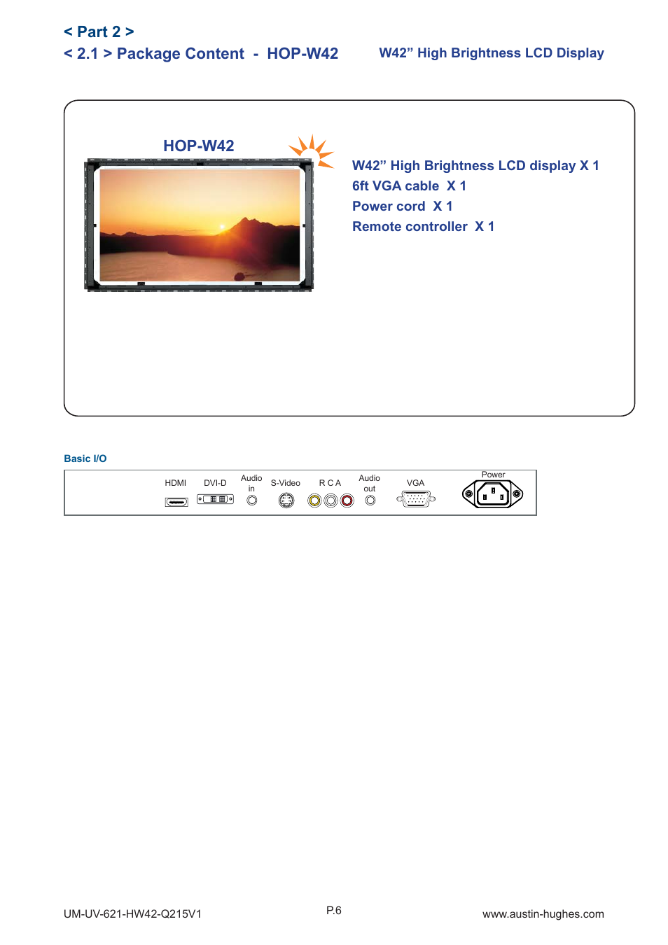 1 > package content - hop-w42, Part 2 > hop-w42, W42” high brightness lcd display | Austin Hughes HOP-W42 User Manual | Page 11 / 32