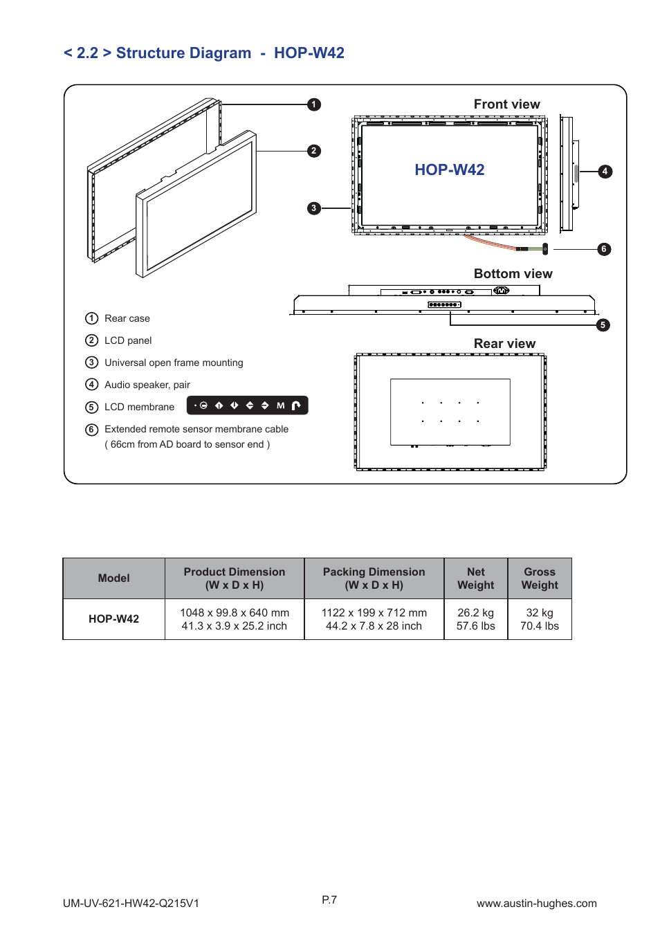 2 > structure diagram - hop-w42, Hop-w42, Front view rear view | Bottom view | Austin Hughes HOP-W42 User Manual | Page 12 / 32