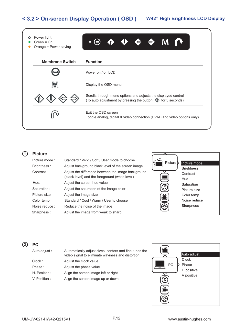 2 > on-screen display operation ( osd ), W42” high brightness lcd display | Austin Hughes HOP-W42 User Manual | Page 17 / 32