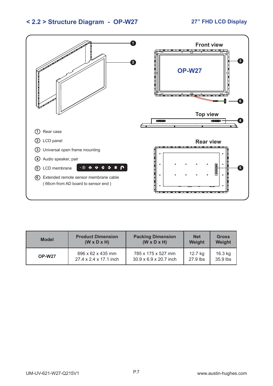27” fhd lcd display front view rear view, Top view | Austin Hughes OP-W27 User Manual | Page 11 / 28