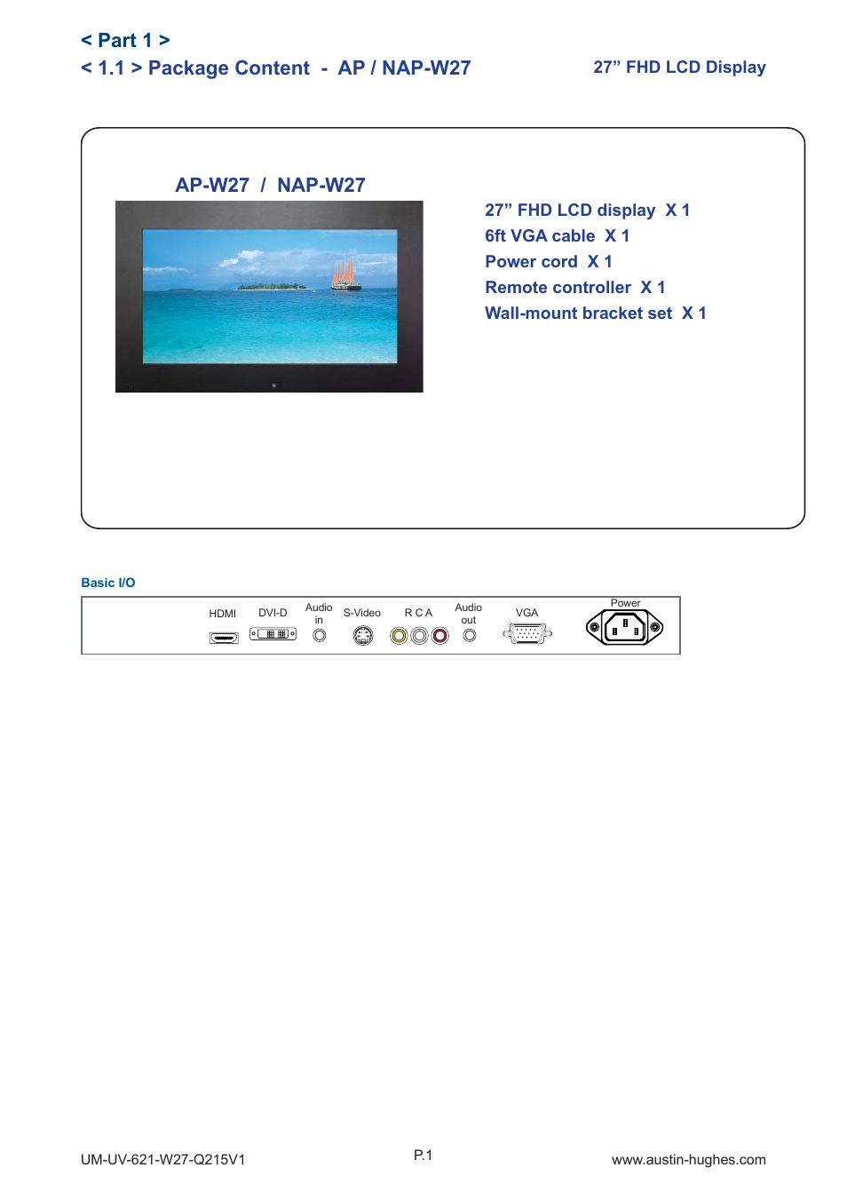 1 > package content - ap / nap-w27, Part 1, Ap-w27 / nap-w27 | 27” fhd lcd display | Austin Hughes OP-W27 User Manual | Page 5 / 28