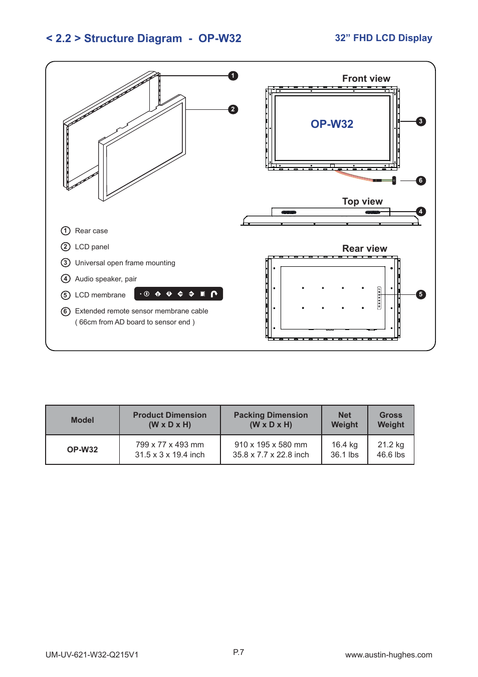 2 > structure diagram - op-w32, Op-w32, 32” fhd lcd display front view rear view | Top view | Austin Hughes OP-W32 User Manual | Page 11 / 28