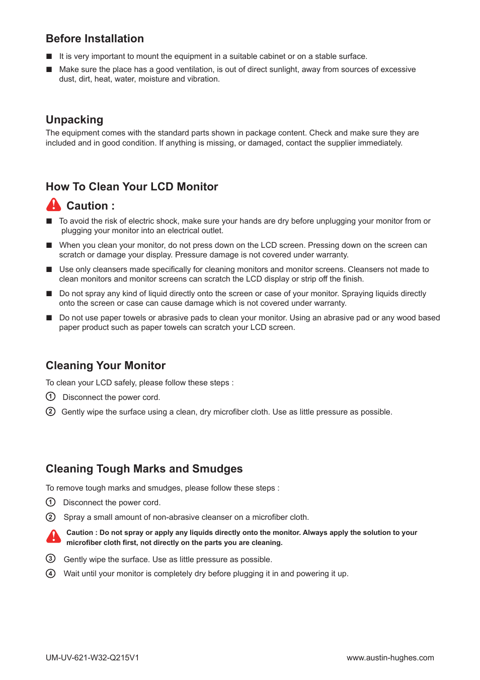 Cleaning your monitor, Cleaning tough marks and smudges | Austin Hughes OP-W32 User Manual | Page 4 / 28