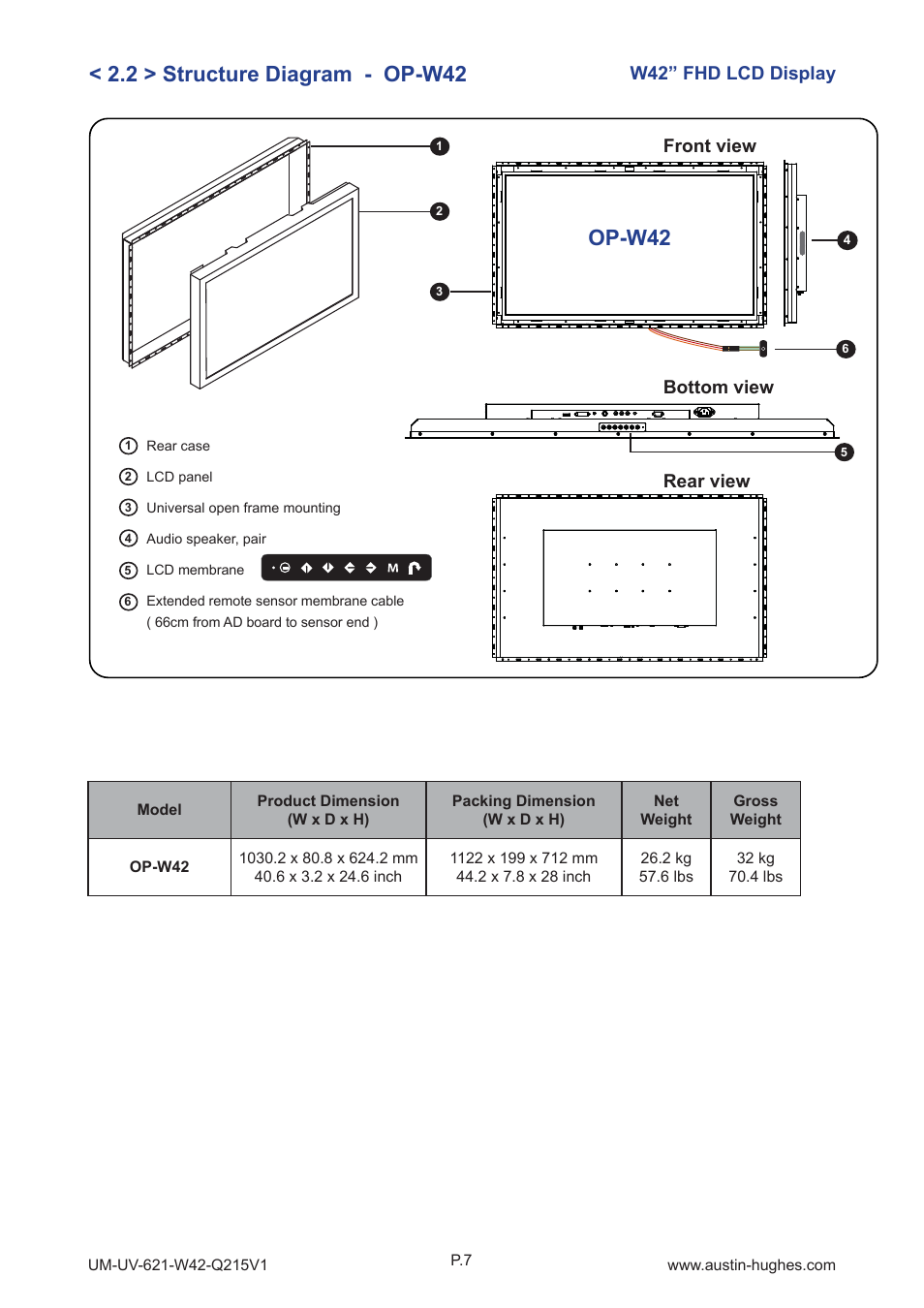 2 > structure diagram - op-w42, Op-w42, W42” fhd lcd display | Front view rear view, Bottom view | Austin Hughes OP-W42 User Manual | Page 11 / 28