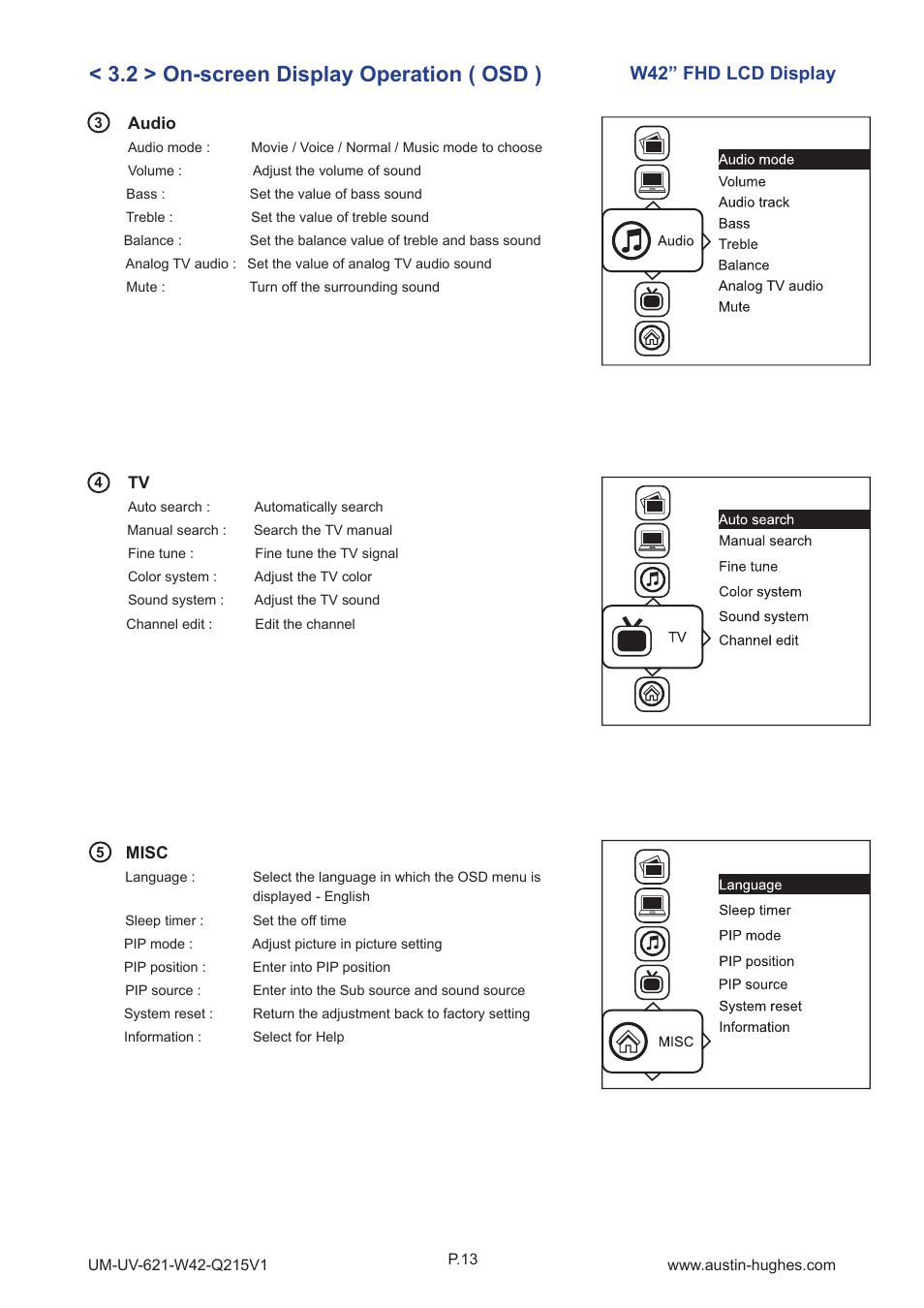 2 > on-screen display operation ( osd ), W42” fhd lcd display | Austin Hughes OP-W42 User Manual | Page 17 / 28