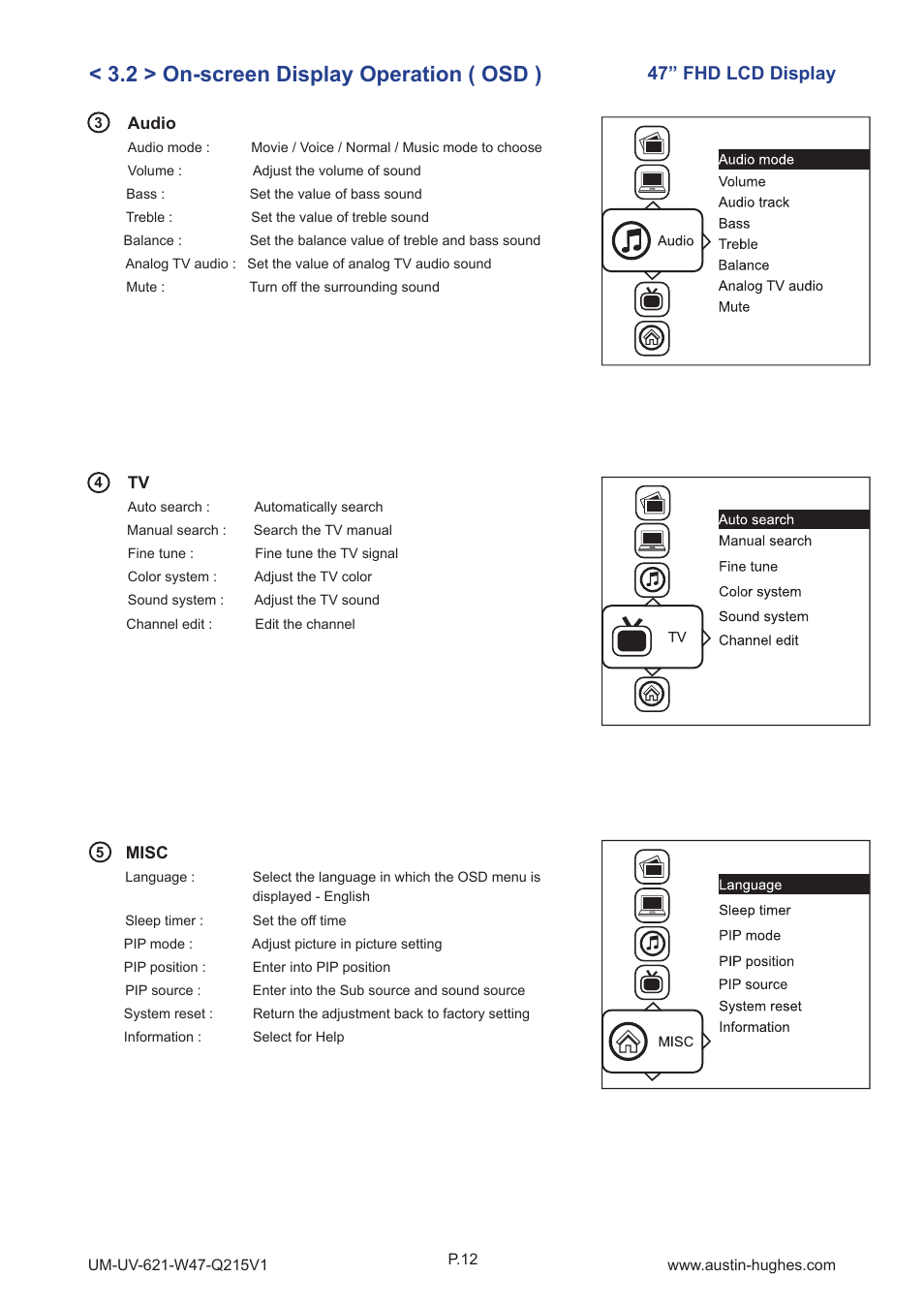 2 > on-screen display operation ( osd ), 47” fhd lcd display | Austin Hughes OP-W47 User Manual | Page 17 / 28