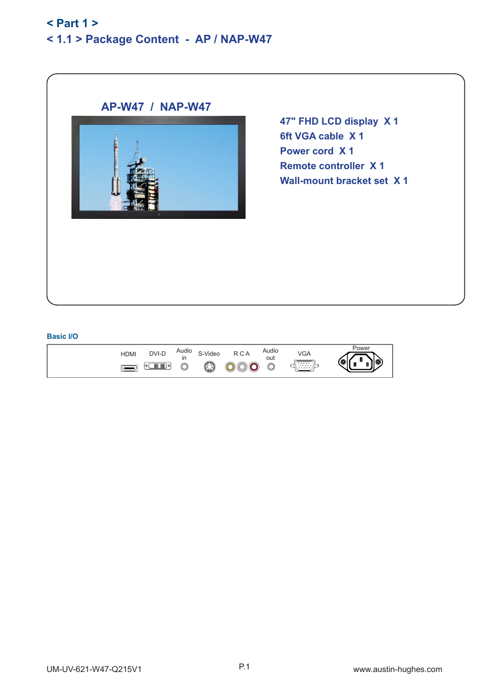 1 > package content - ap / nap-w47, Part 1, Ap-w47 / nap-w47 | Austin Hughes OP-W47 User Manual | Page 6 / 28
