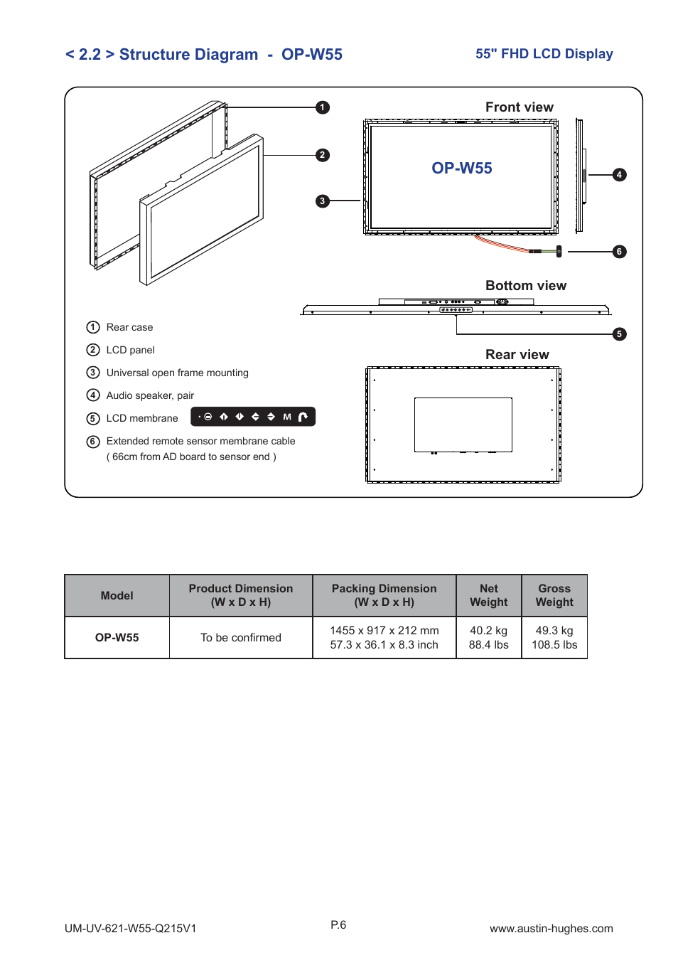 55" fhd lcd display, Front view rear view, Bottom view | Austin Hughes OP-W55 User Manual | Page 11 / 28