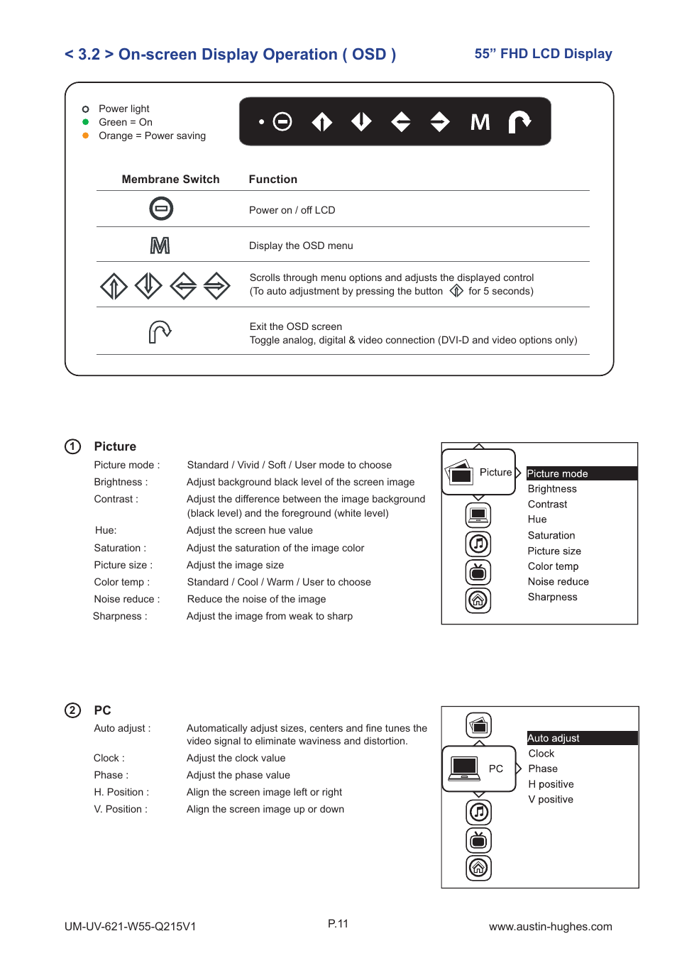 2 > on-screen display operation ( osd ), 55” fhd lcd display | Austin Hughes OP-W55 User Manual | Page 16 / 28