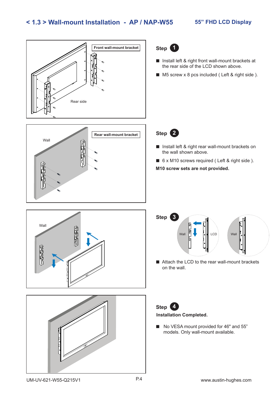 3 > wall-mount installation - ap / nap-w55 | Austin Hughes OP-W55 User Manual | Page 9 / 28