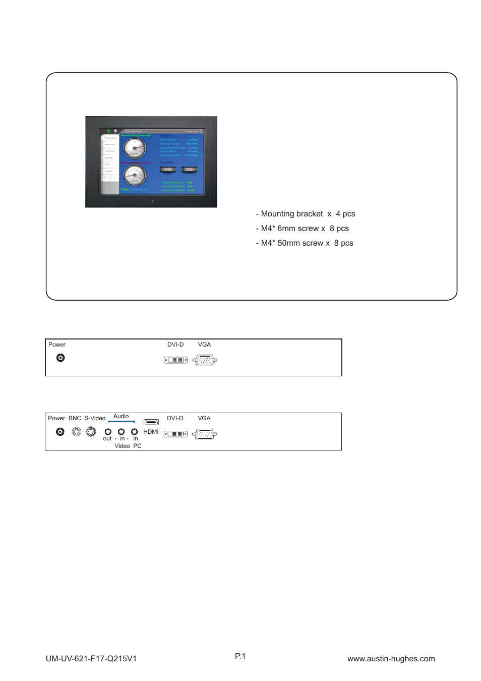 1 > package content - ap / nap-f17, Mounting hardware x 1 pack, 17" fhd lcd display | Austin Hughes OP-F17 User Manual | Page 5 / 28