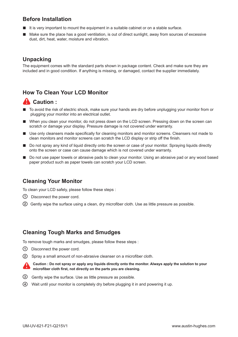 Cleaning your monitor, Cleaning tough marks and smudges | Austin Hughes OP-F21 User Manual | Page 5 / 32