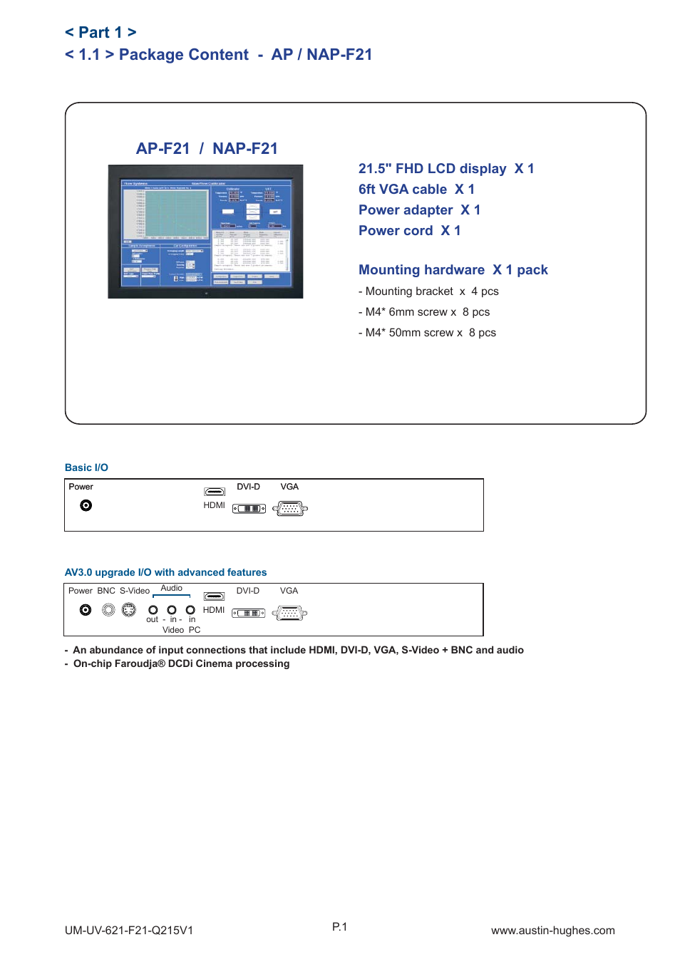 1 > package content - ap / nap-f21, Part 1, Ap-f21 / nap-f21 | Mounting hardware x 1 pack | Austin Hughes OP-F21 User Manual | Page 6 / 32